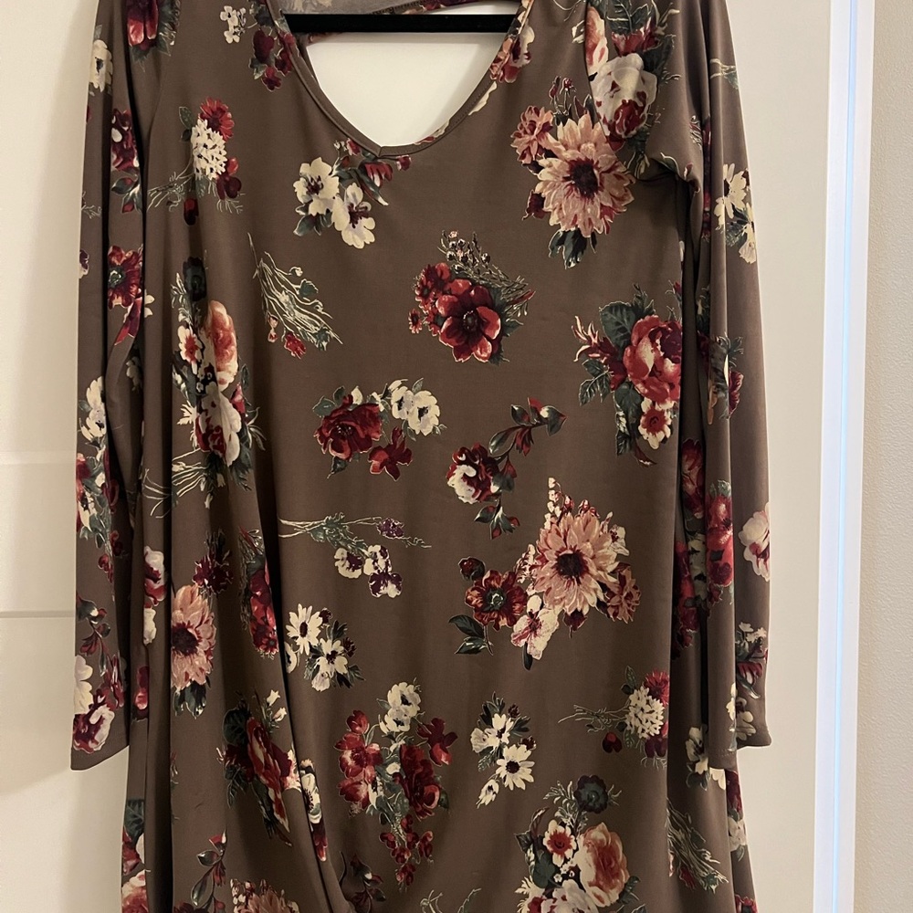 MTS Floral Brown Dress with Red and Cream Accents